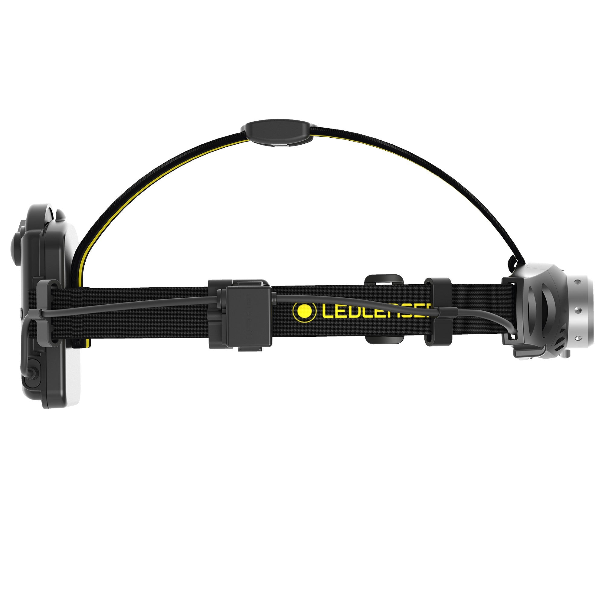 Ledlenser iH6 Battery Operated Headlamp in side view with black head strap and yellow logo showing front lamp housing and rear battery pack