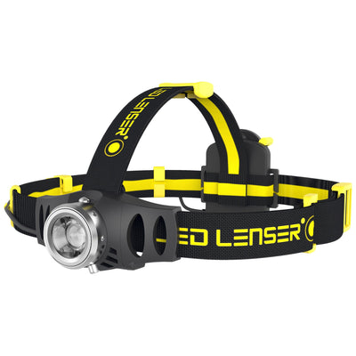 Ledlenser iH6 Battery Operated Headlamp with back mounted battery pack black and yellow head strap front light housing