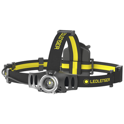 Ledlenser iH6 Battery Operated Headlamp with black and yellow headband front LED housing and adjustable head strap worn on the head