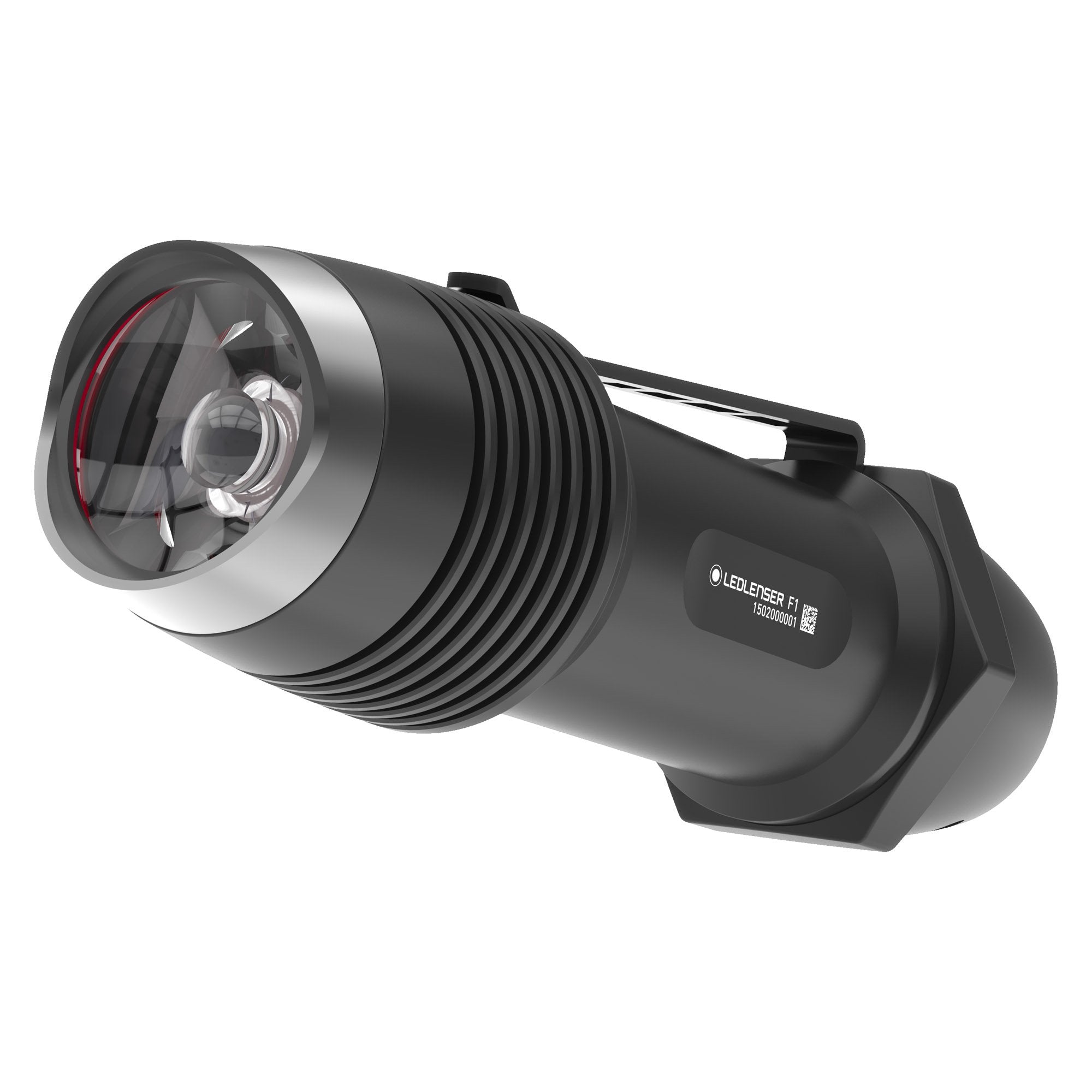 Ledlenser F1 Torch compact handheld flashlight with knurled grip and large front lens angled left