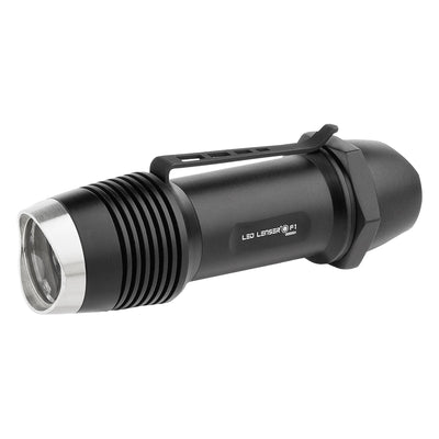 Ledlenser F1 Torch compact handheld flashlight in black with metal bezel shown at a slight side angle