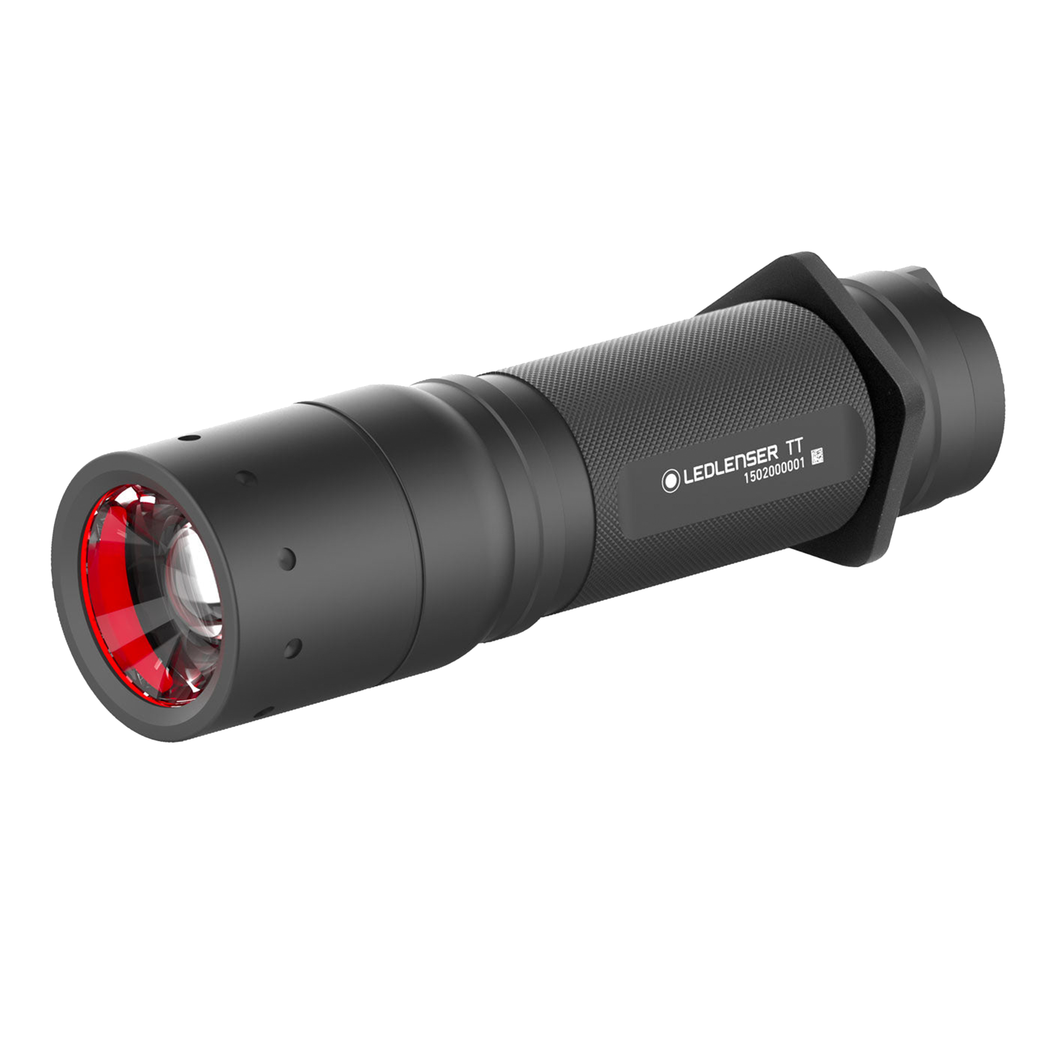 Tac Torch TT handheld flashlight by Ledlenser with a black textured body and red lens ring (angled view)