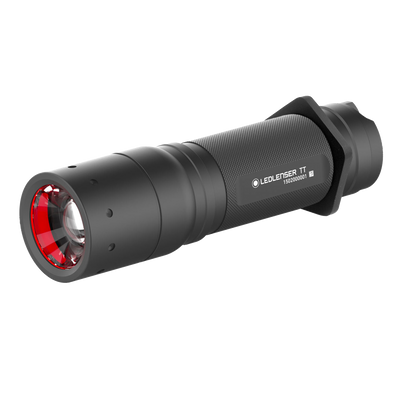 Tac Torch TT handheld flashlight by Ledlenser with a black textured body and red lens ring (angled view)