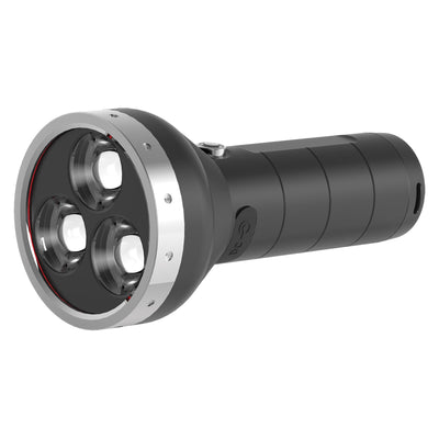 Ledlenser MT18 Rechargeable Torch shown from front angle with triple LED head black handle and silver bezel