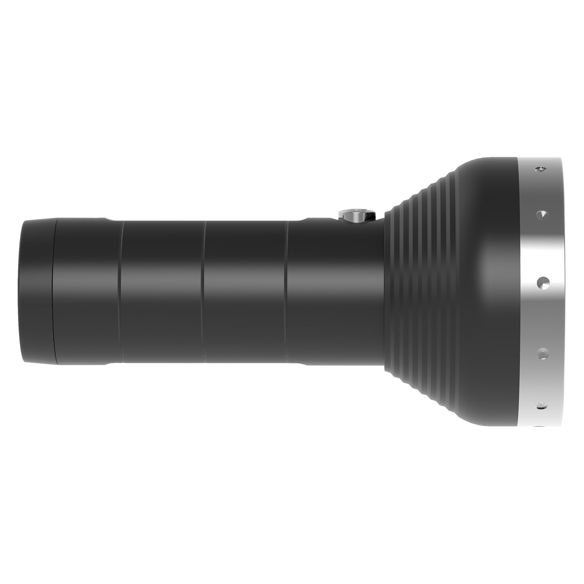 MT18 Rechargeable Torch side profile with black cylindrical body ribbed grip and silver head with visible screws