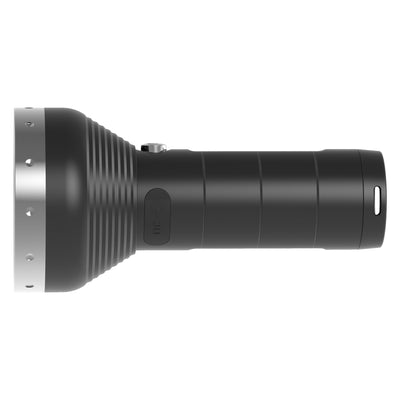 MT18 Rechargeable Torch in black side profile with textured grip and metal head cap