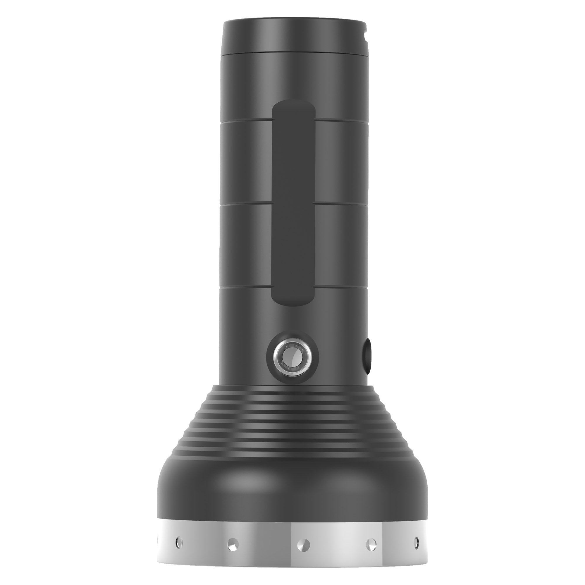 Ledlenser MT18 Rechargeable Torch shown in vertical front profile with segmented grip side switch and metallic base ring