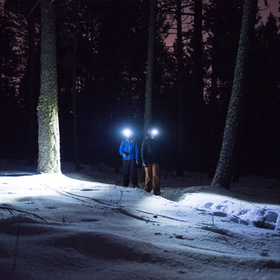 Ledlenser MH6 Headlamp two hikers standing in a snowy forest at night wearing headlamps and facing the camera