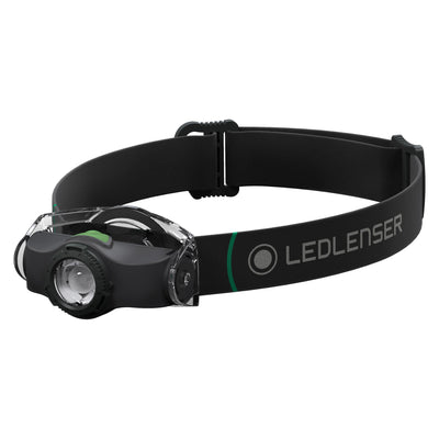 Ledlenser MH4 Black Battery Operated Torch headlamp mounted on an adjustable black strap with a green accent shown in profile