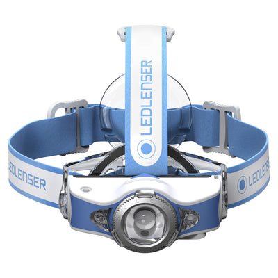 MH11 Blue Outdoor Headlamp by Ledlenser featuring a blue and white headband with adjustable strap and front lamp module