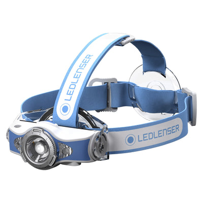 MH11 Blue Outdoor Headlamp angled view showing blue strap and front light housing with rear battery housing