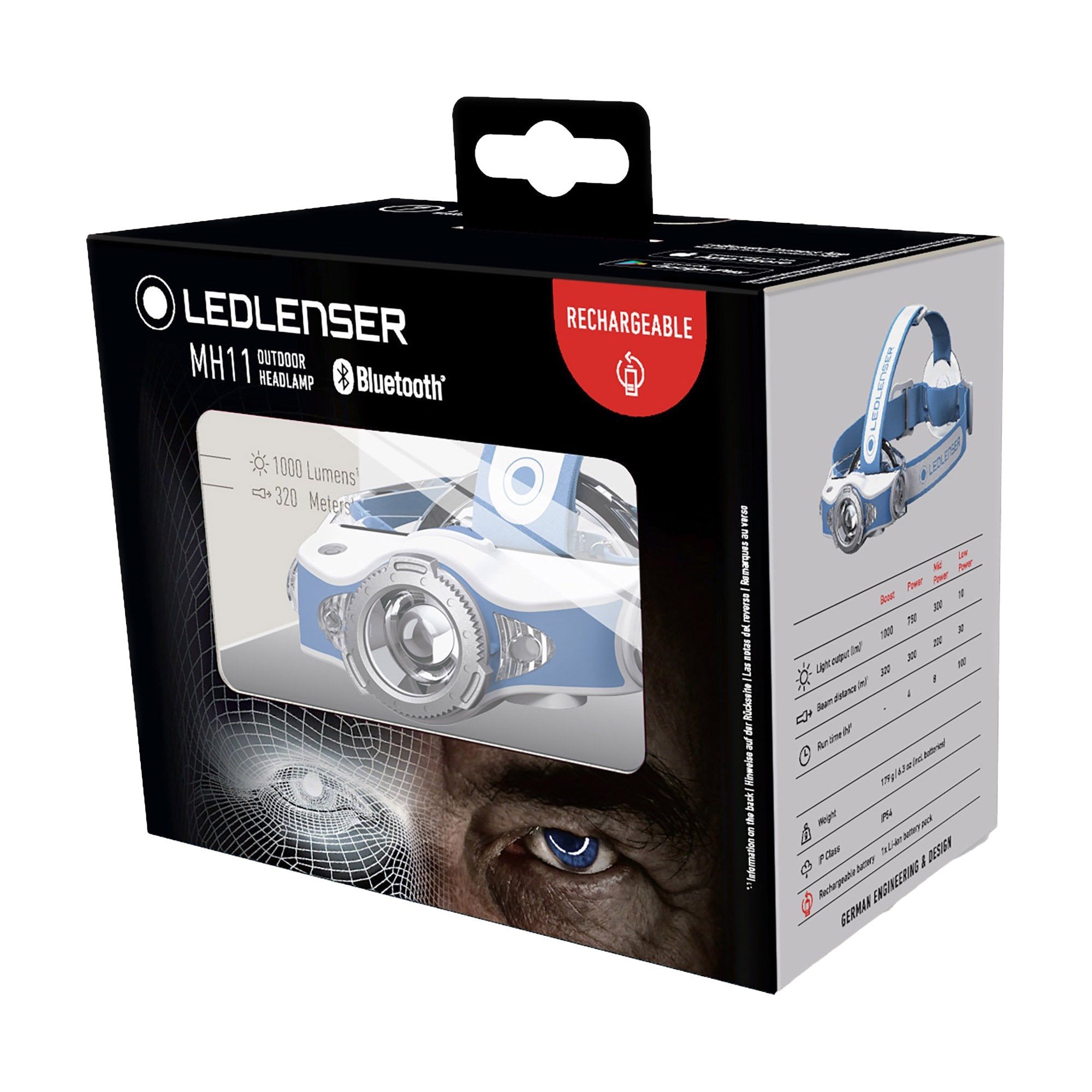 Ledlenser MH11 Outdoor Headlamp packaging box featuring blue white headlamp illustration with Bluetooth logo and Rechargeable label
