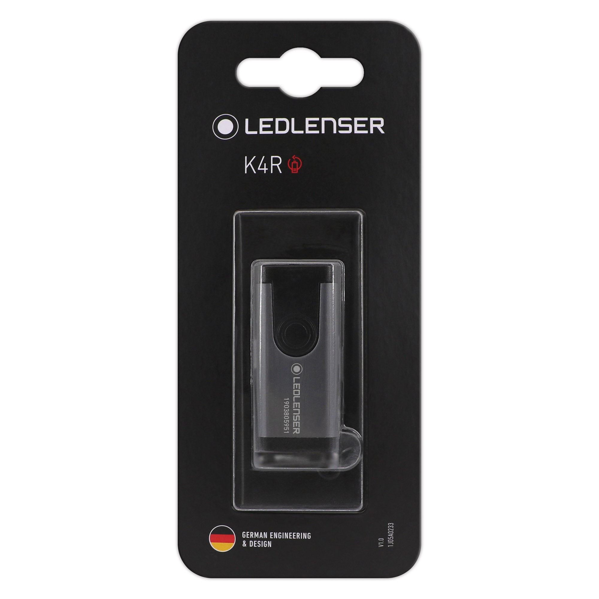 Ledlenser K4R Rechargeable Key Ring Lamp in packaging; compact black keychain light with front LED housing