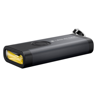 Ledlenser K4R Rechargeable Key Ring Lamp compact black keychain flashlight with yellow LED lens and top power button