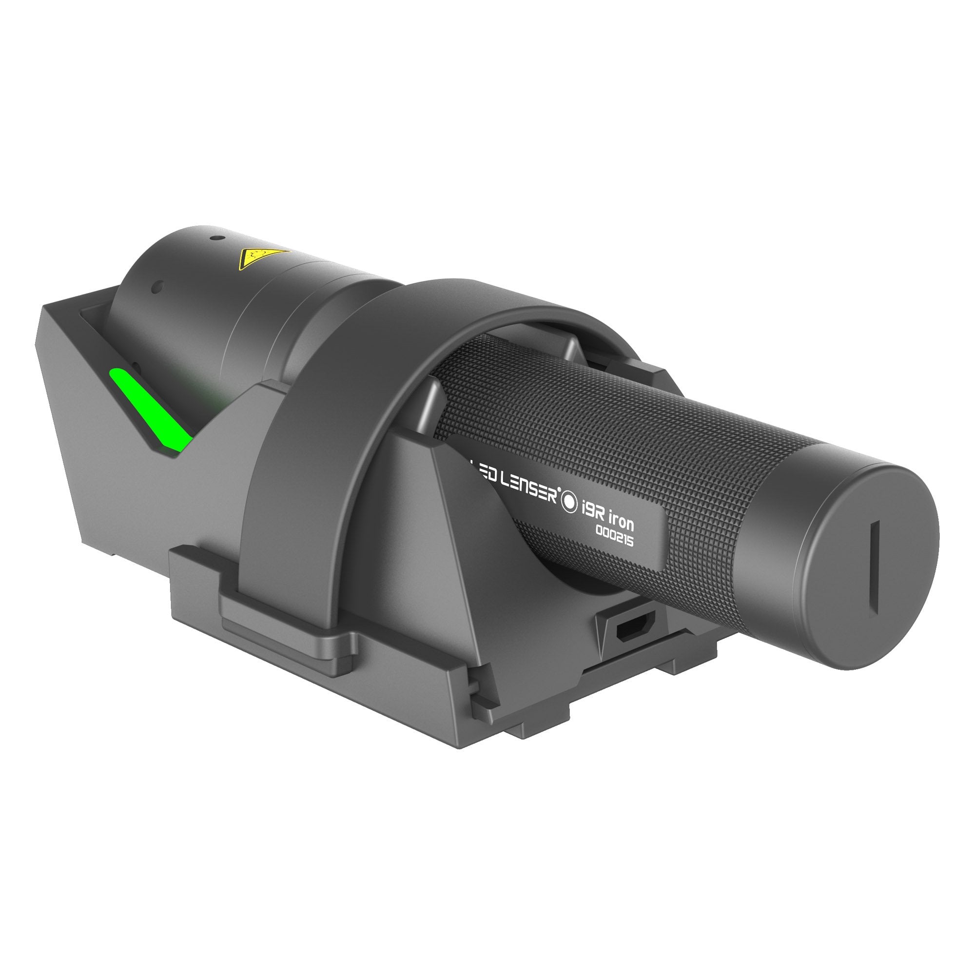 Ledlenser i9R Rechargeable Torch with textured grip shown in a charging cradle angled left