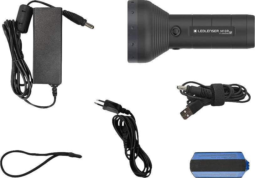 Ledlenser M10R Rechargeable Torch with wall charger USB charging cable additional USB connector wrist lanyard and blue battery pack included