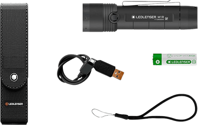 Ledlenser M1R Rechargeable Torch with USB charging cable spare battery green battery module and wrist strap along with a left side textured holster holder