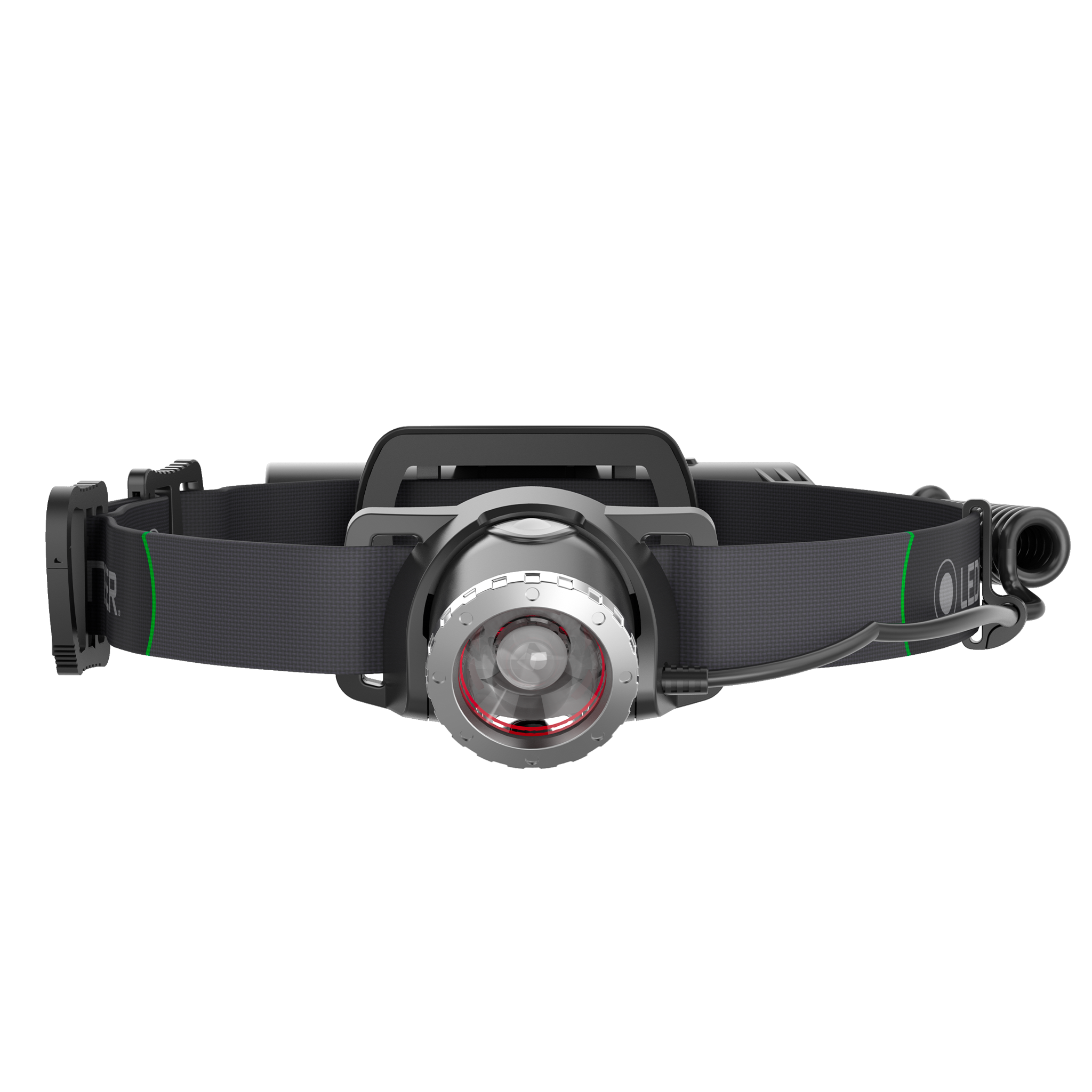 Ledlenser MH10 Headlamp mounted on a dark headband with a central circular light and red ring front view