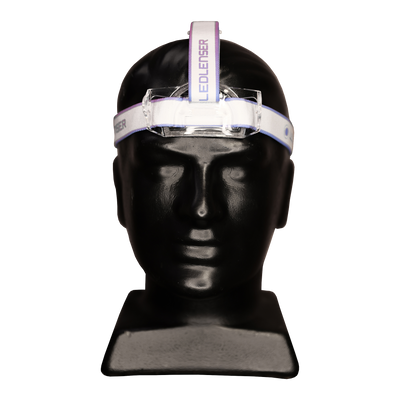 Headstrap Suits MH11 displayed on a black mannequin head with a white blue strap and clear mounting bracket