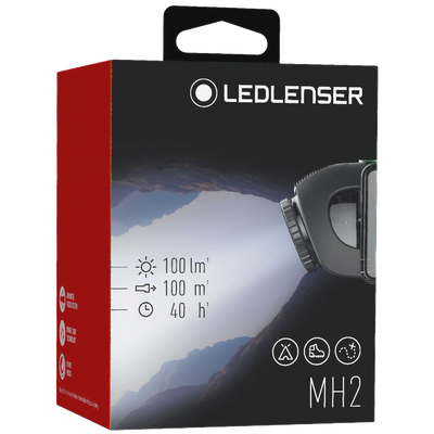 Ledlenser MH2 Headlamp packaging box in black and red with product image and MH2 label