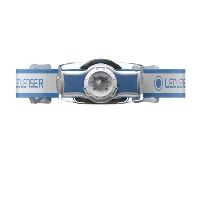 Ledlenser MH3 Headlamp mounted on a blue and white headband with a central circular LED lens and adjustable strap