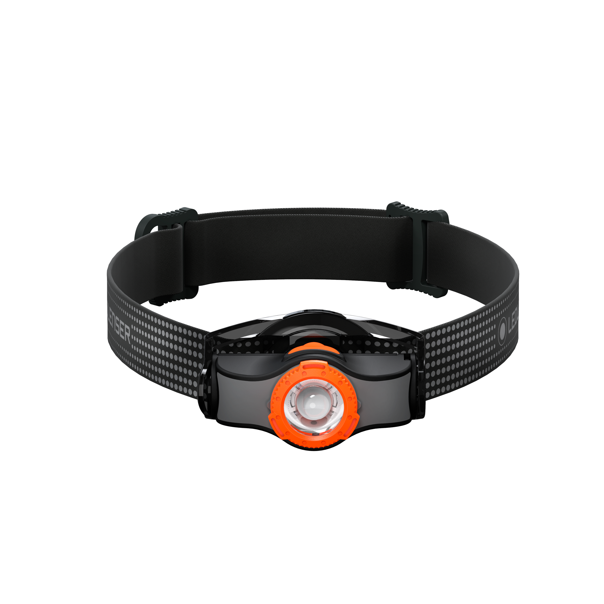MH3 Headlamp on adjustable black head strap with orange front bezel worn on head for hands free lighting