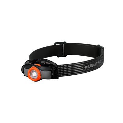 Ledlenser MH3 Headlamp with black headband and orange bezel front view showing mounted strap and compact lighting unit