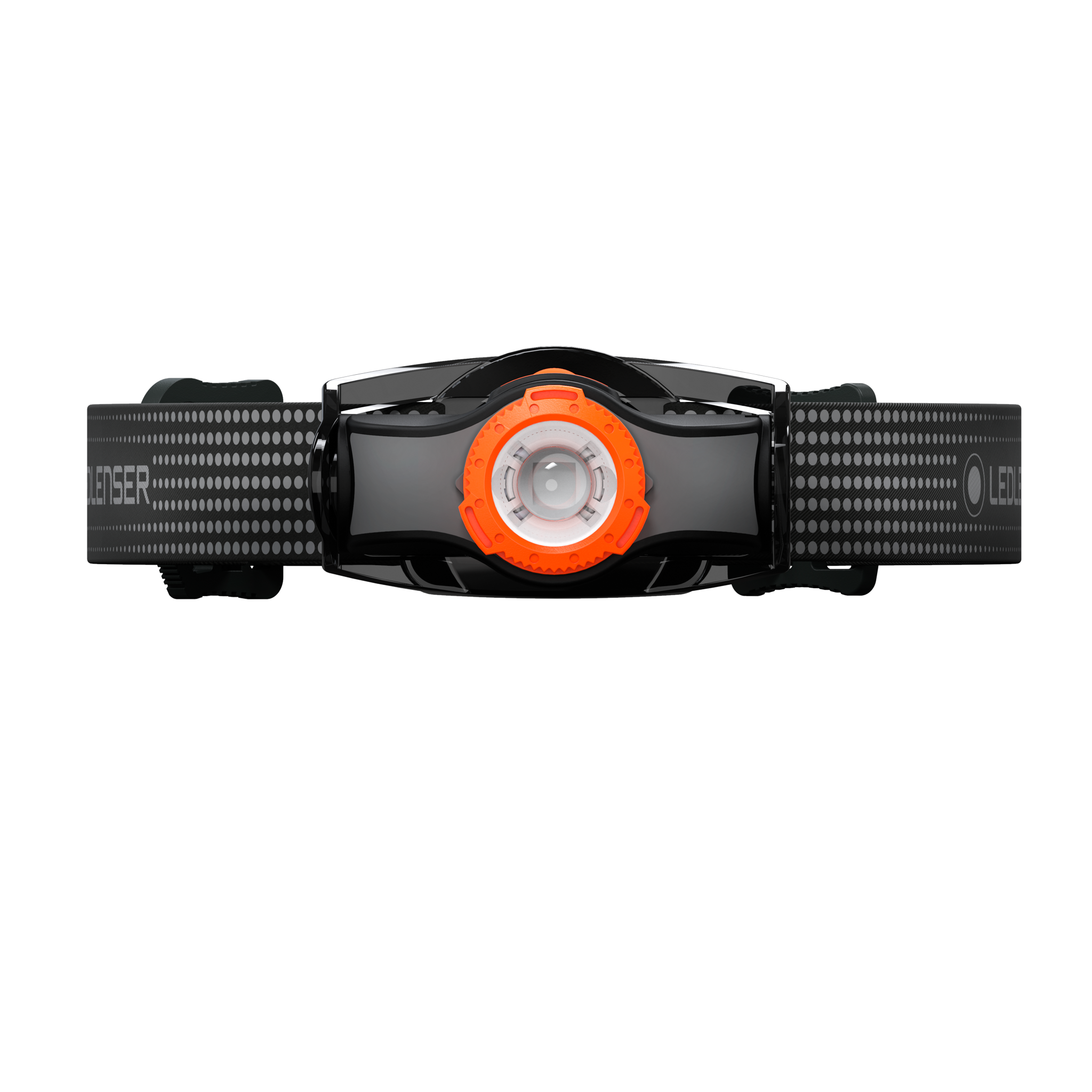 MH3 Headlamp from Ledlenser viewed from above showing black strap with dotted pattern and orange bezel