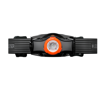 MH3 Headlamp from Ledlenser viewed from above showing black strap with dotted pattern and orange bezel