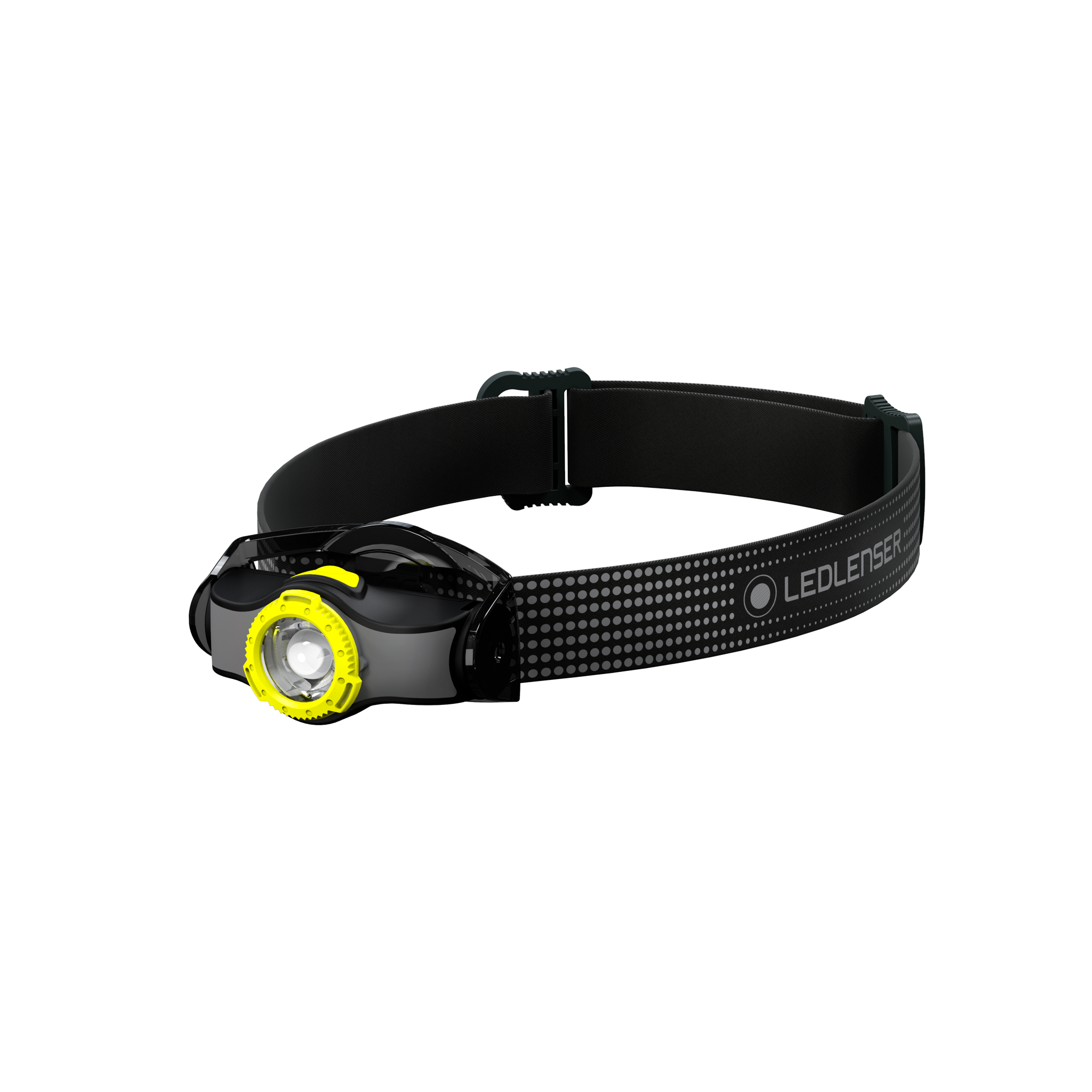MH3 Headlamp displayed on a black headband with dotted strap and a yellow bezel around the LED light front left view