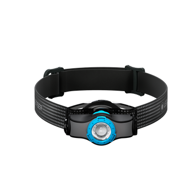 MH3 Headlamp by Ledlenser with black adjustable headband and blue bezel front view