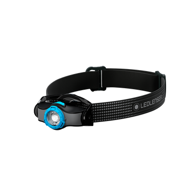 MH3 Headlamp by Ledlenser with black adjustable strap and blue bezel worn on the head