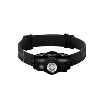 MH4 Powercase Combo headlamp and charging case mounted on a black headband with the compact front light