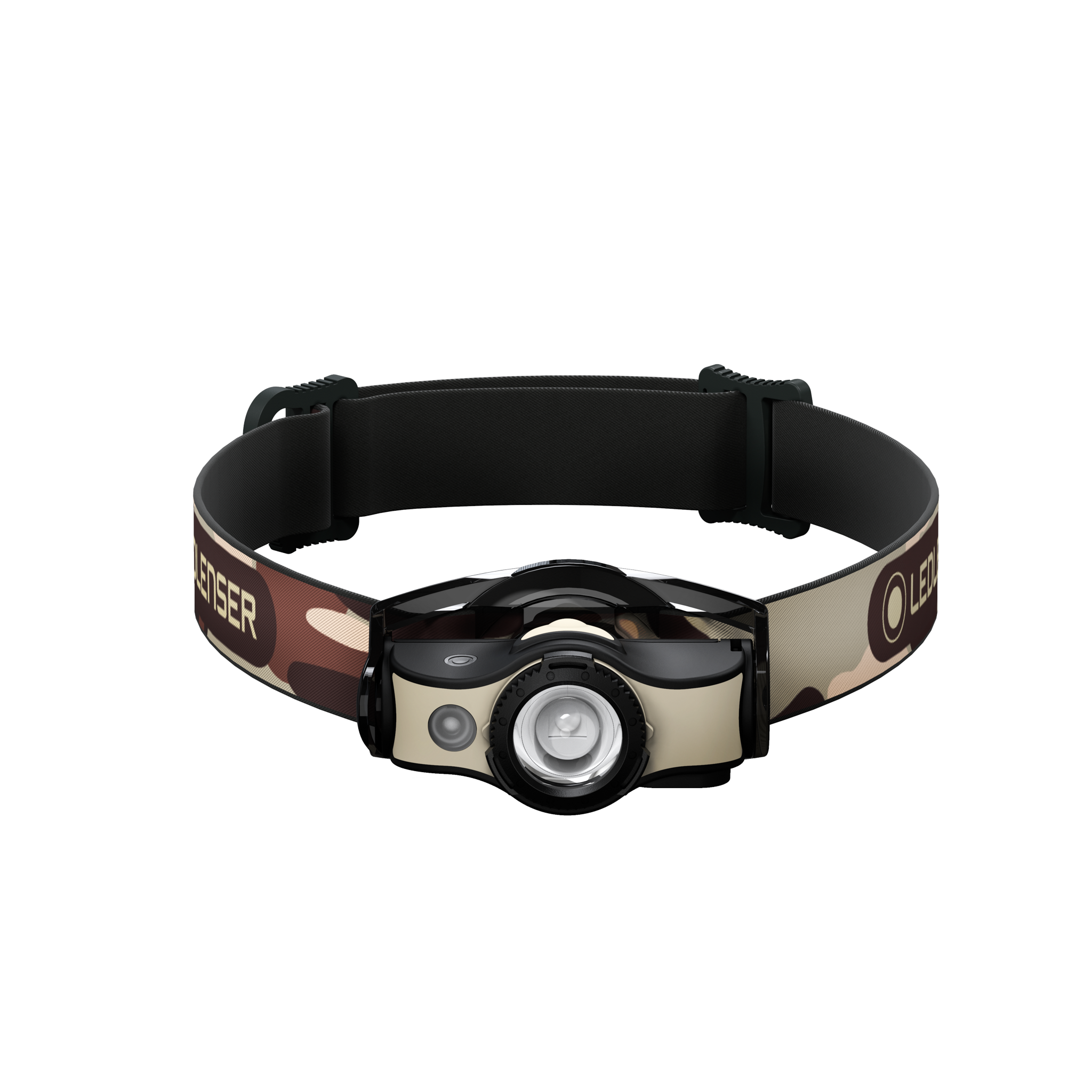 Ledlenser MH4 Powercase Combo headlamp with charging case front view showing camo headband and beige housing circular LED lens and side control button