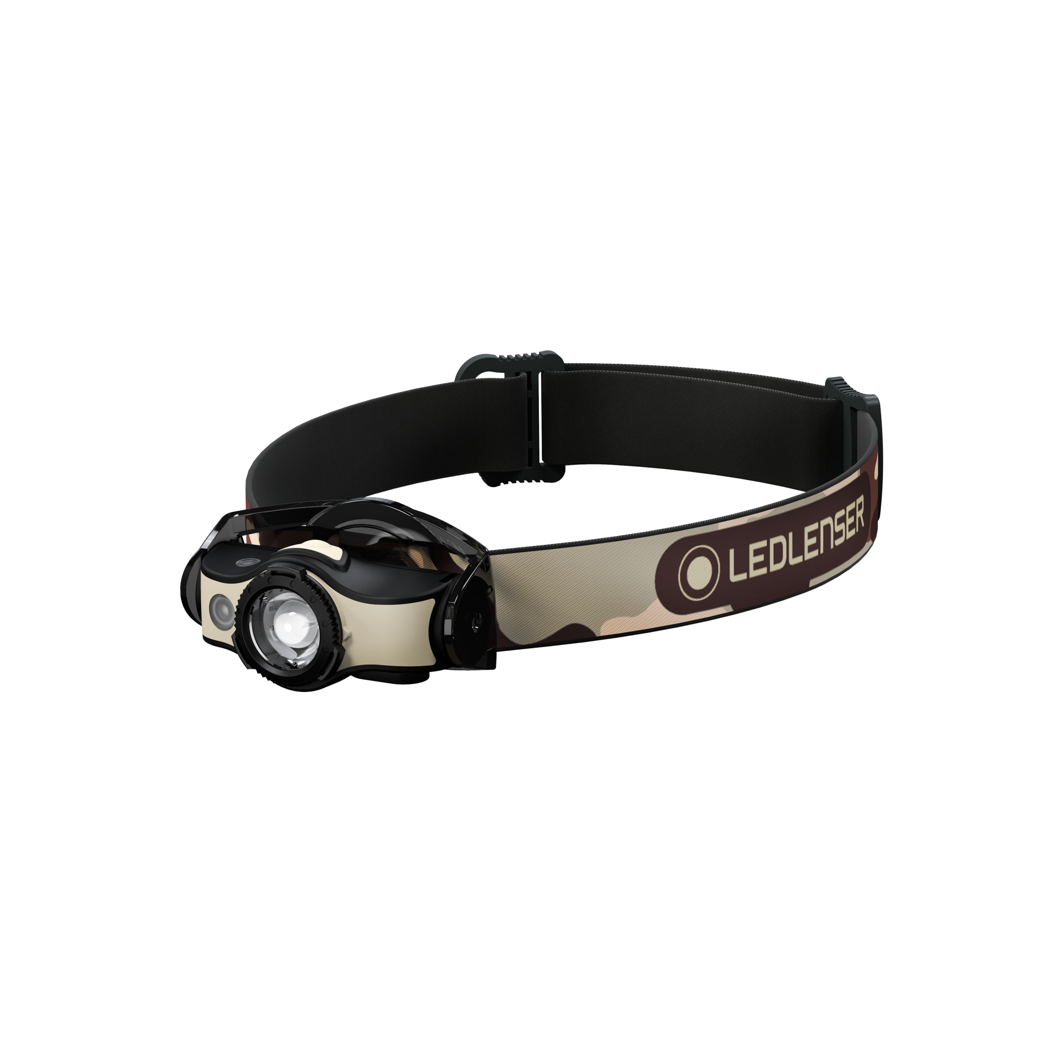 Ledlenser MH4 Powercase Combo headlamp with camouflage strap and black front housing featuring the LED light