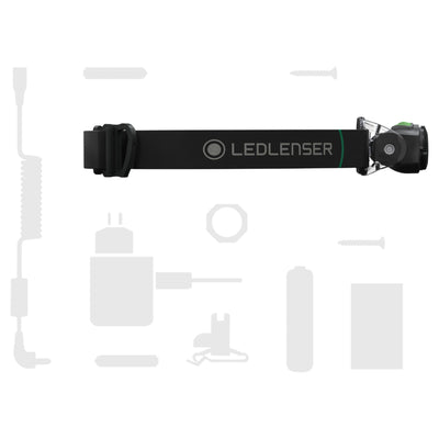 MH4 Black Battery Operated Torch mounted on an adjustable head strap with Ledlenser branding