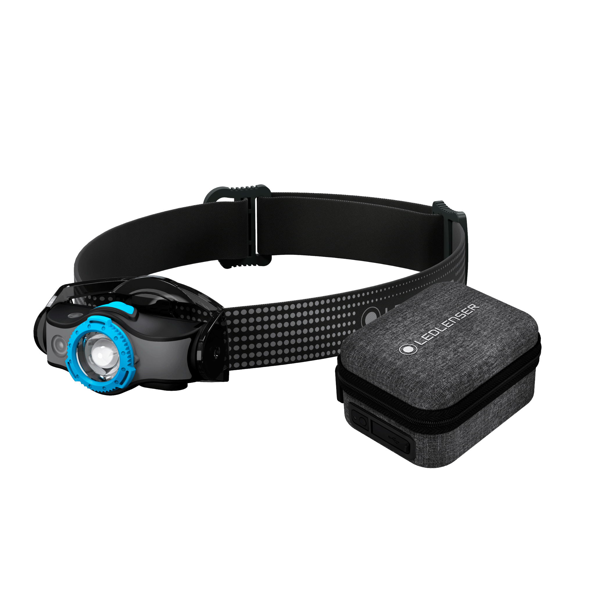 MH5 Powercase Combo headlamp with charging case shown with blue bezel adjustable strap and grey fabric charging case
