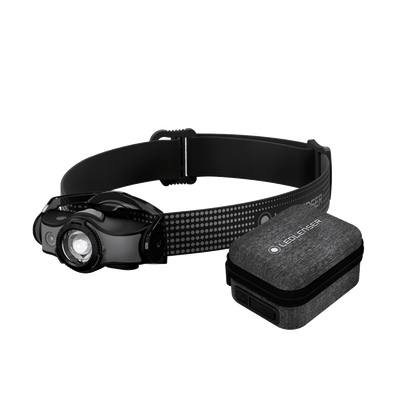 MH5 Powercase Combo Headlamp & Charging Case Ledlenser headlamp with black strap shown beside a grey fabric charging case