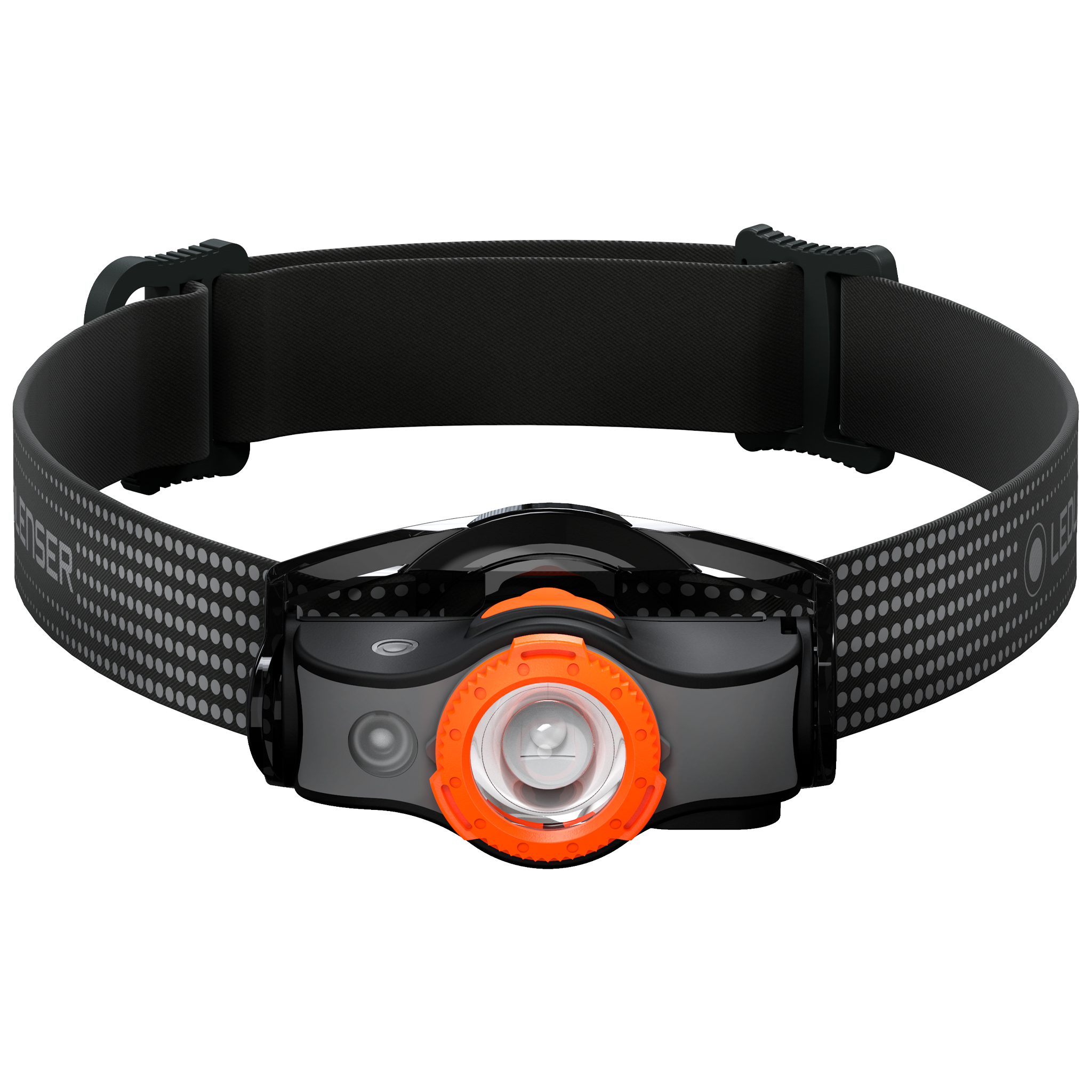 MH5 Outdoor Headlamp by Ledlenser with black adjustable headband and orange front bezel shown head on
