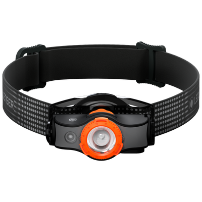 MH5 Outdoor Headlamp by Ledlenser with black adjustable headband and orange front bezel shown head on