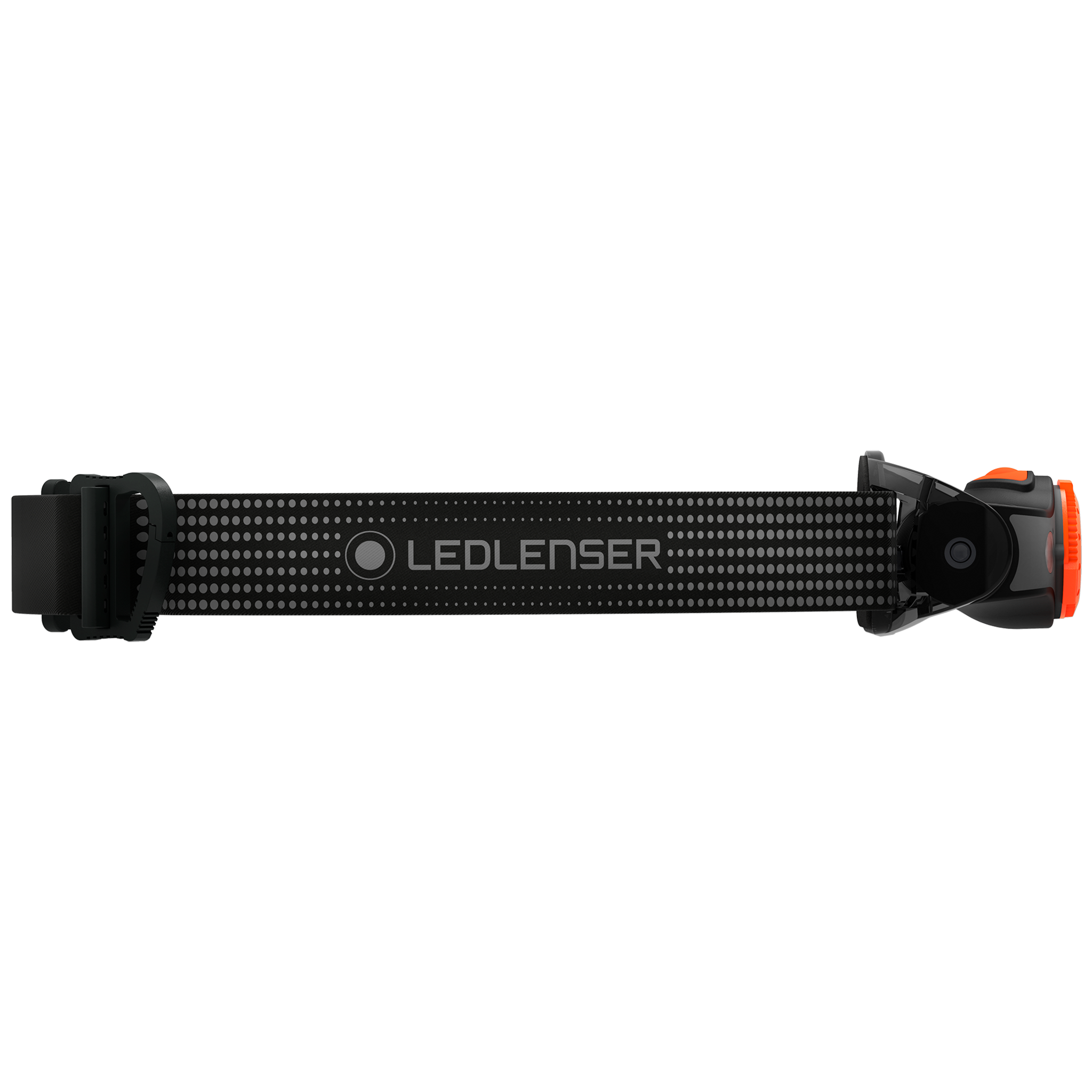 Ledlenser MH5 Outdoor Headlamp shown in side profile with black headband and orange accents