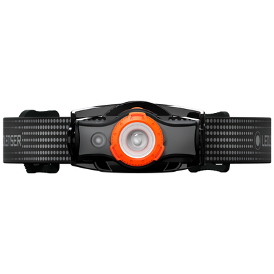 MH5 Outdoor Headlamp by Ledlenser with black adjustable headband and orange front LED housing front view