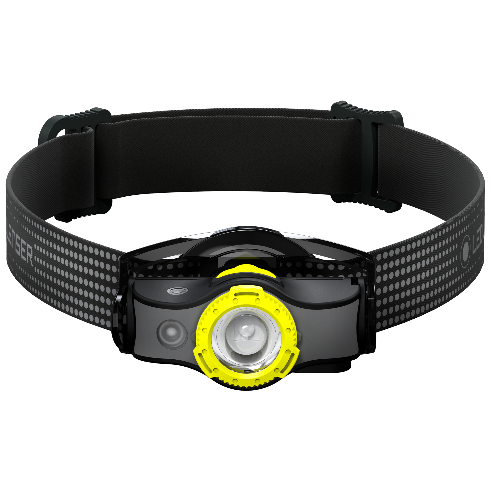 Ledlenser MH5 Outdoor Headlamp with black adjustable headband and yellow bezel front facing view