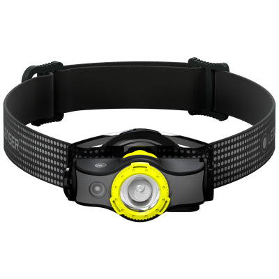 Ledlenser MH5 Outdoor Headlamp with black adjustable headband and yellow bezel front facing view