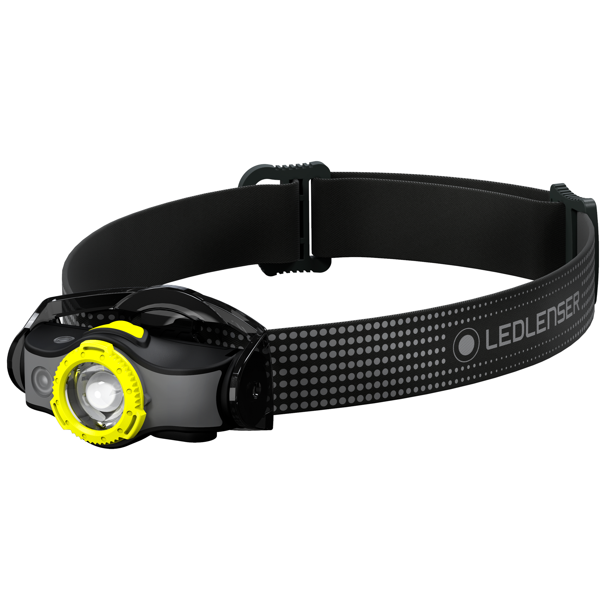 Ledlenser MH5 outdoor headlamp with black headband and yellow front bezel worn on head in profile view