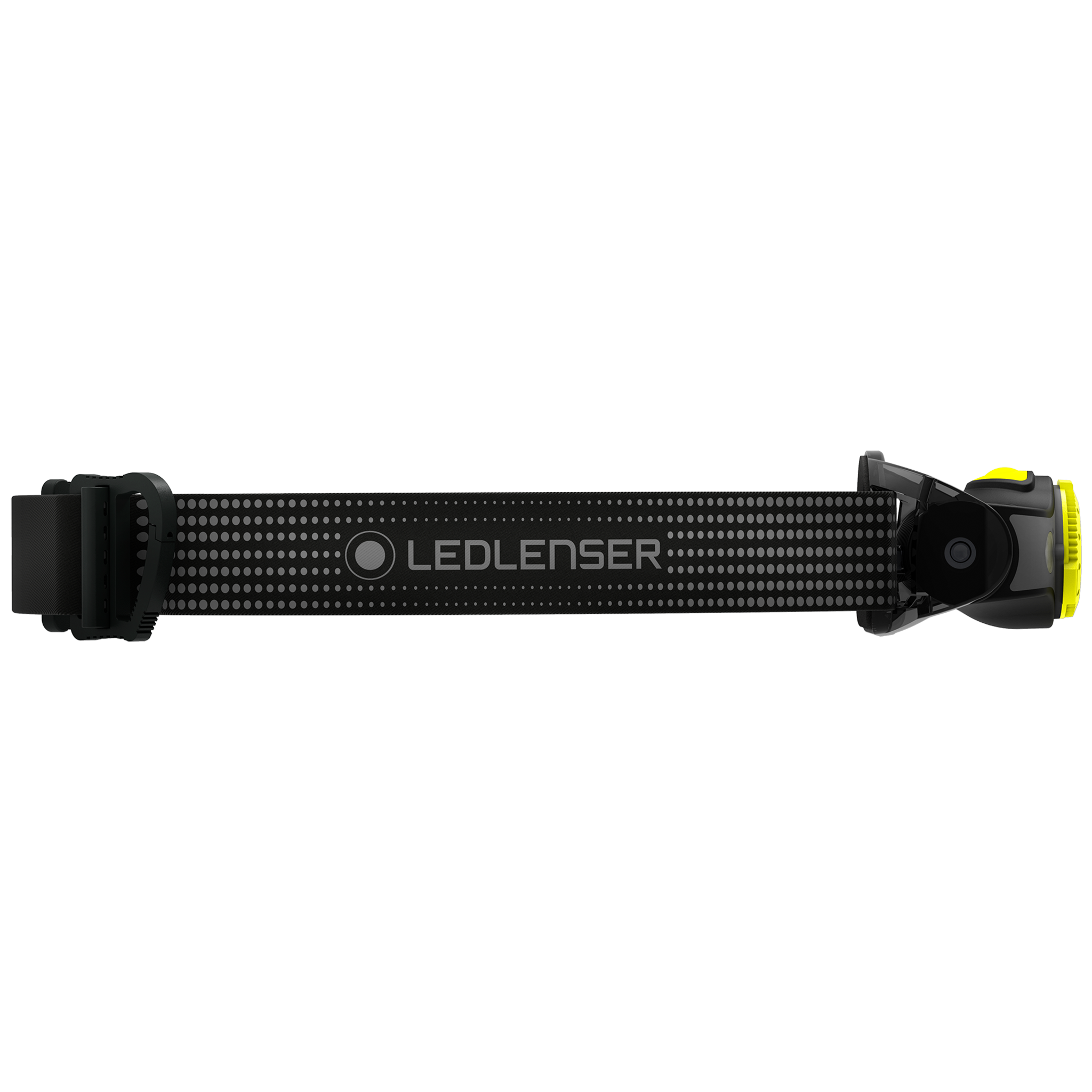 MH5 Outdoor Headlamp with black adjustable strap and yellow front housing side view showing Ledlenser branding on the strap