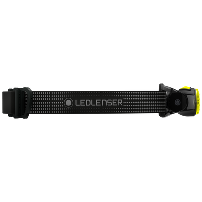 MH5 Outdoor Headlamp with black adjustable strap and yellow front housing side view showing Ledlenser branding on the strap