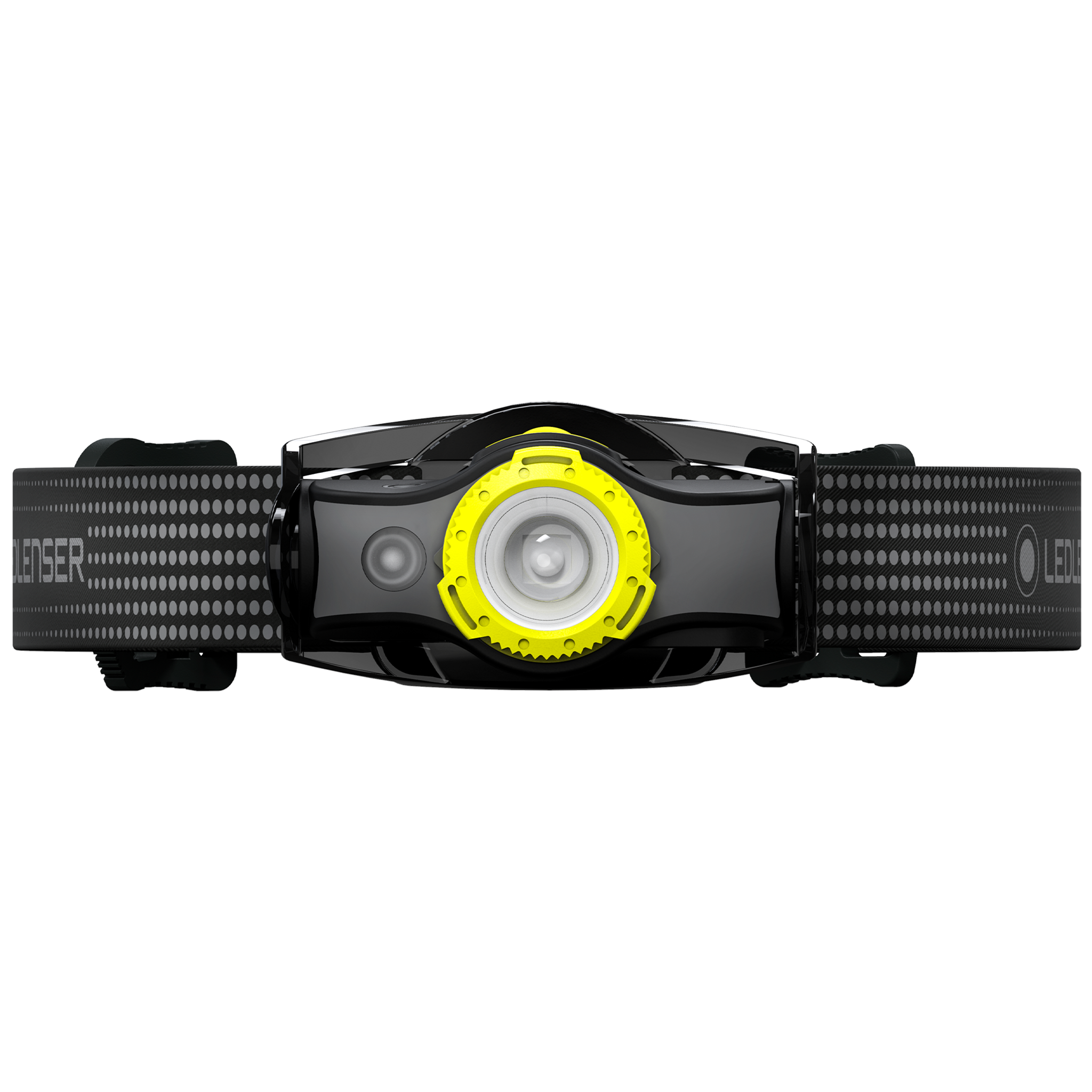 MH5 Outdoor Headlamp facing forward on a black adjustable headband with a yellow bezel around the front LED