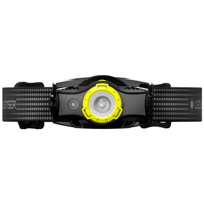 MH5 Outdoor Headlamp facing forward on a black adjustable headband with a yellow bezel around the front LED