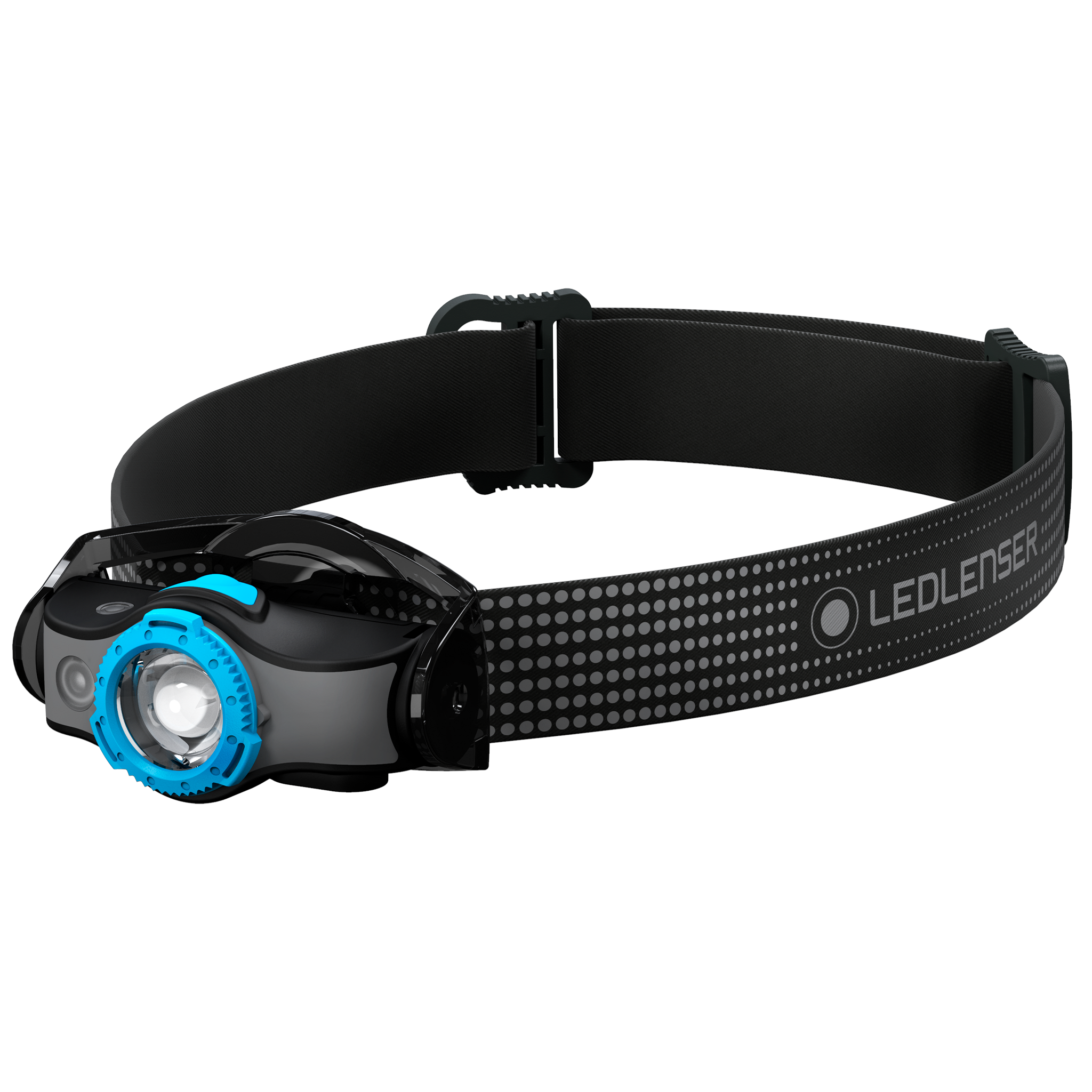MH5 Outdoor Headlamp featuring a black adjustable headband with blue focus dial and front facing rechargeable LED for outdoor use